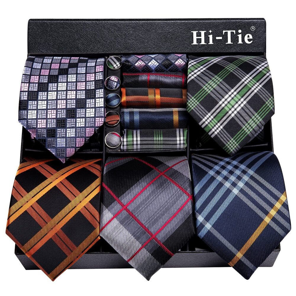 5870 Lot 5 Pcs Gift Box Tie Set Necktie with Pocket Square Cufflinks Silk